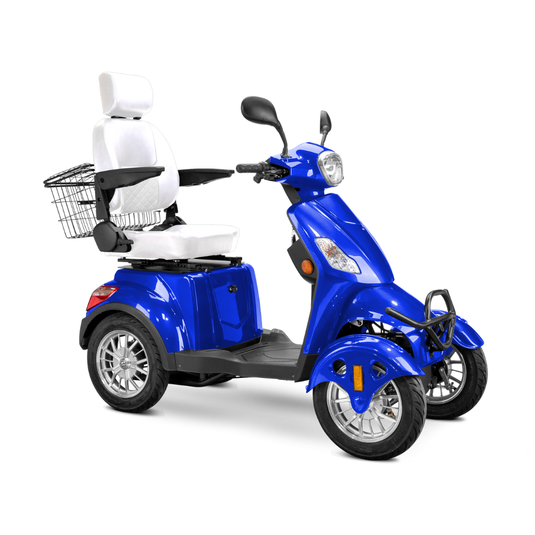 The Bespoke Prestige Recreational 4-Wheel Scooter, shown on a plain white background, features a bright blue design, large white adjustable seat with armrests and backrest, and a metal basket attached to the rear.